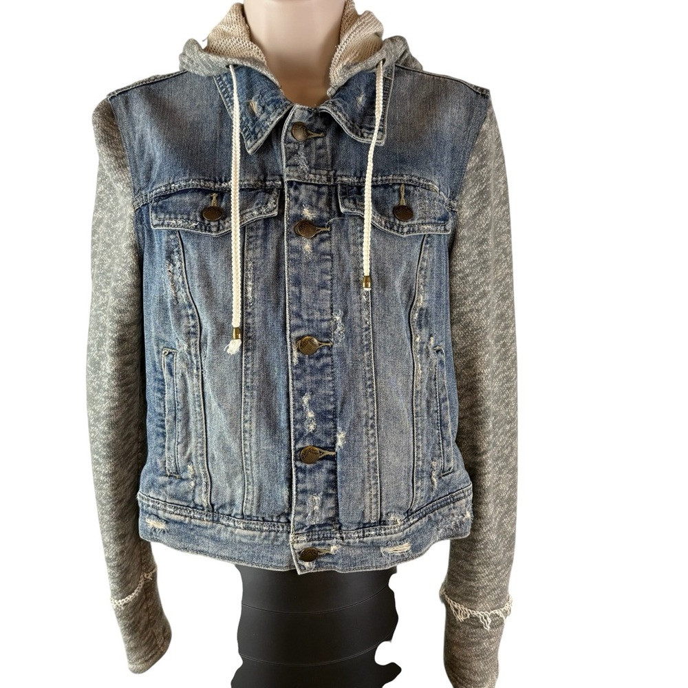 Free People Women's Cotton Denim Jean Woven Knit Sleeves Hoodie Jacket Blue Gray